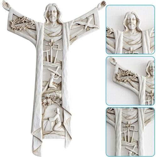 A Risen Christ Wall Cross Statue Religious Resin Jesus Figure Hanging Wall Ornament Hollow Design for Home can CSV