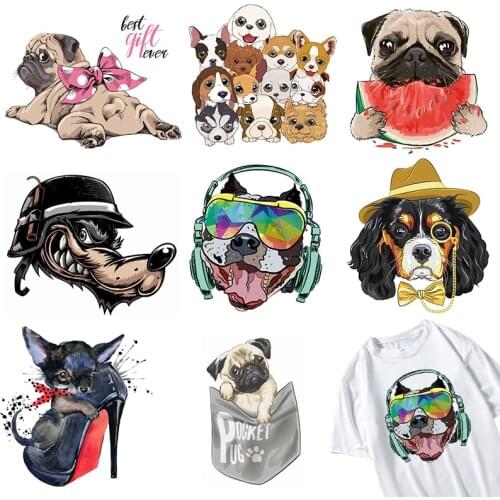 Vinyl Cute Dogs Patch Stripe Cool Animal Heat Transfer Patches Iron on Transfers For Clothing Stickers for Clothes Applique DIY