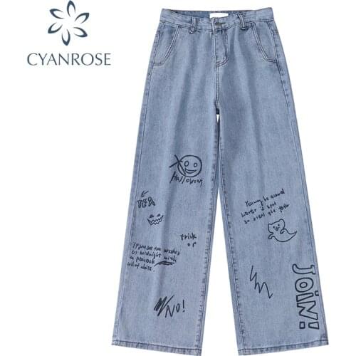 Hand-Painted Print Streetwear Womens Wide Leg Denim Pants Blue Washed Loose Straight Jeans Trousers Harajuku Tide Pants Female