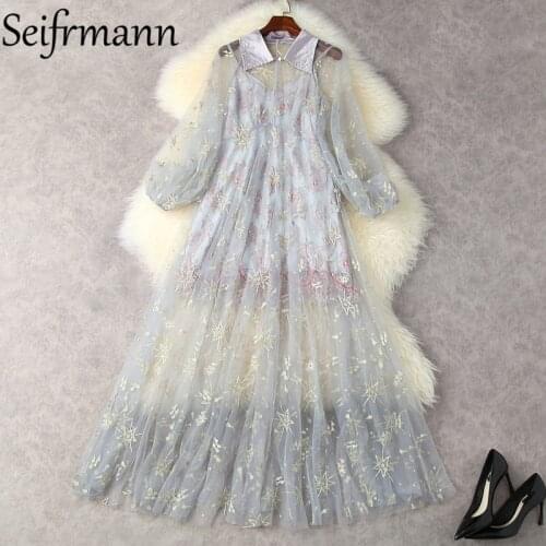 Seifrmann New 2021 Summer Women Fashion Runway Mesh Dress Lantern Sleeve Gorgeous Beading Embroidery Party Midi Dresses Vestidos