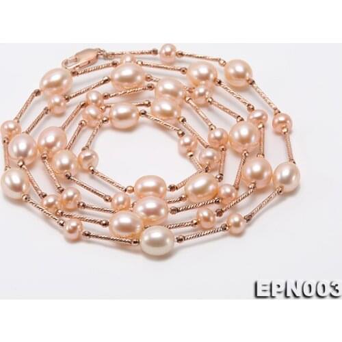 Elegant Ladies Necklace Perfect 4-10mm Natural Pink Freshwater Pearl Long Necklace Silver Tube Beads Jewelry Loving Gift