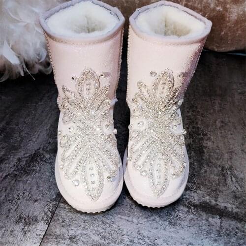 Winter new mid-tube snow boots cowhide thickened warmth non-slip handmade cotton boots womens rhinestones