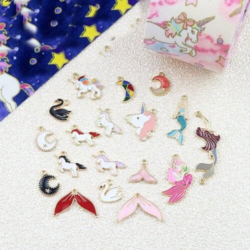 5 pcs Diy jewelry accessories unicorn mermaid tail moon white swan base oil alloy hanging material