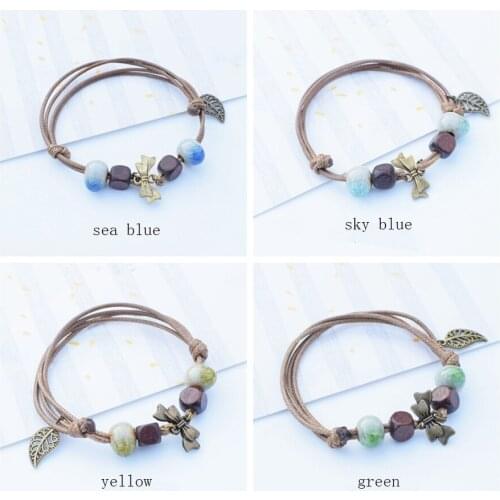 Bowknot Ceramic Leather Beads Ethnic Rope Chain Ceramics Bracelets & Bangle For Women Adjustable Bead Leaf Pendant Bell Gift