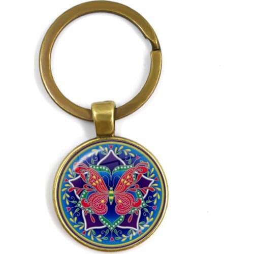 Mandala Flower Butterfly Keychains OM Symbol Buddhism Zen Picture Glass Cabochon Keyrings Vintage Jewelry Keyholder