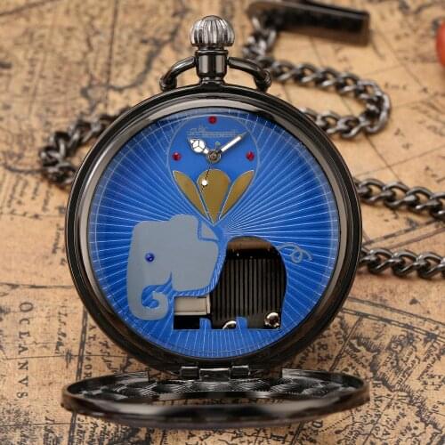 Elephant Animal Dial Blue Hand Crank Playing Music Quartz Pocket Watch Musical Movement FOB Steampunk Chain Watch for Men Women