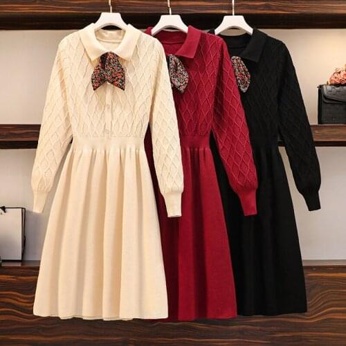 EHQAXIN 2021 Plus Size Womens Knitted Dress Autumn Winter All-Match Floral Bow Tie A-Shaped Geometric Button Sweater Dress L-4XL