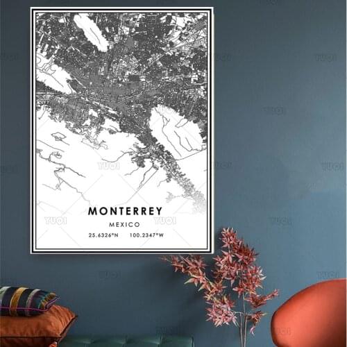 Map print poster canvas poster canvasWorld Map MONTERREYBlack White MapPoster Picture Home Decor Wall Pictures For Living