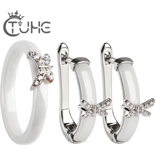 Butterfly Shape Jewelry Sets For Women Wedding Dubai Bridal African U Shape Stud Earrings Ceramic Rings Jewelry Set Jewelry