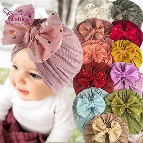 Fashion Golden Dots Net Yarn Bowknot Infant Hats Comfortable Soft Baby Turban Caps Bows Headwear Hair Accessories Photo Props