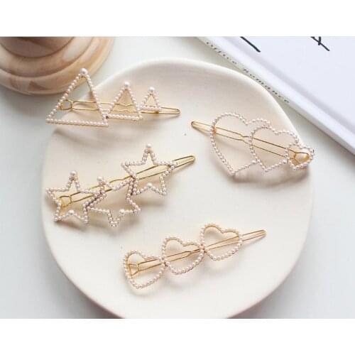 Fashion Women Full Pearl geometric Hair Clips love star Net red side clip bangs clip card hairpin Barrette hair accessories