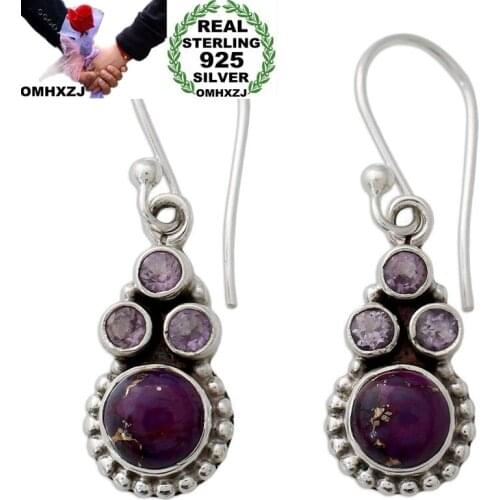 OMHXZJ Wholesale European Fashion Woman Girl Party Wedding Gift Vintage Amethyst S925 Sterling Silver Drop Earrings EA368