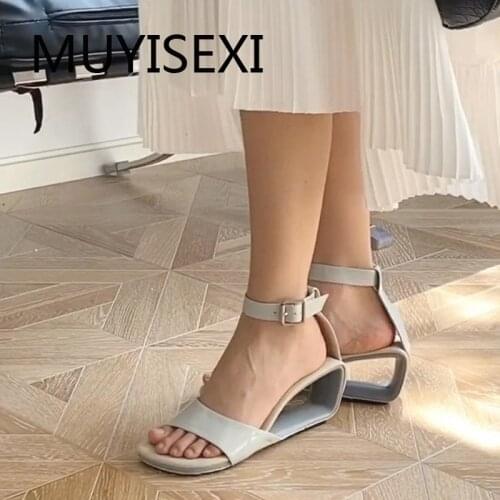 Mixed colors round peep toe women sandals new 6cm hollow high strange heels buckle strap cozy office summer shoes HL264 MUYISEXI