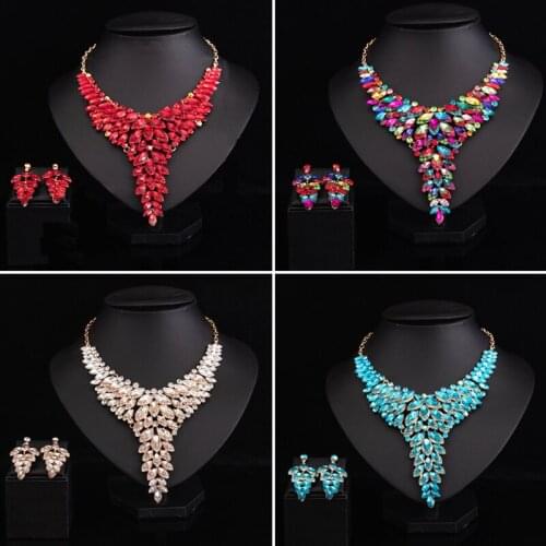 Crystal Bridal Jewelry Sets Wedding Necklace Earrings African Fashion Women Party Statement Choker Rhinestone Collar Bibs Gifts