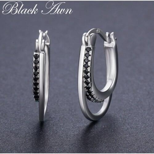 SODROV 925 Sterling Silver Row Round Black Spinel Trendy Engagement Hoop Earrings for Women Fine Jewelry Bijoux I004
