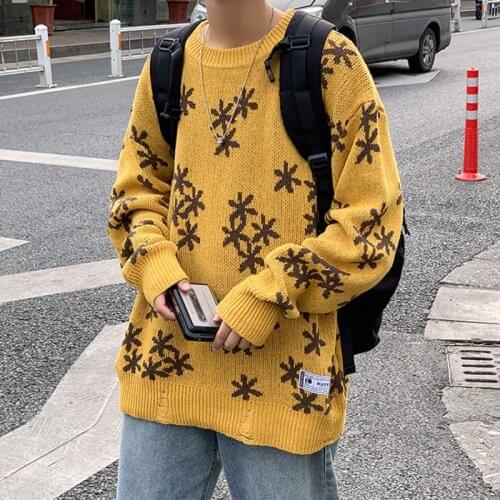 Snowflake Men Round-collar Knitted Sweaters Retro Knit Japanese Men Clothing Vintage Sweater Patch Pullover Men Sweater
