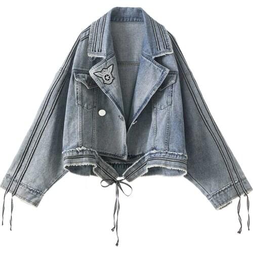 PERHAPS U Women Notch Collar Pocket Denim Jacket Punk Moto Biker Embroidery Button C0188