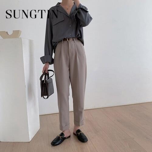 Sungtin Office Lady Ankle Length Pants Women Casual High Waist Straight Blazer Pants Suit Loose Harem Pencil Trousers Korea Chic