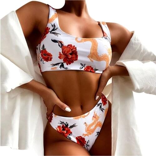 Women Sexy Hight Waist Bikini Set Black White Dragon print Push-Up Padded Swimwear Bathing Swimsuit Beachwear