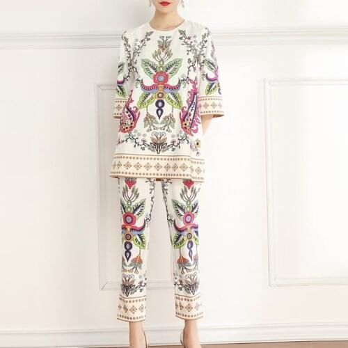 2021 Summer Fashion Pans Set Women Diamonds Printed Loose Top+Pants Printed Two Pieces Set