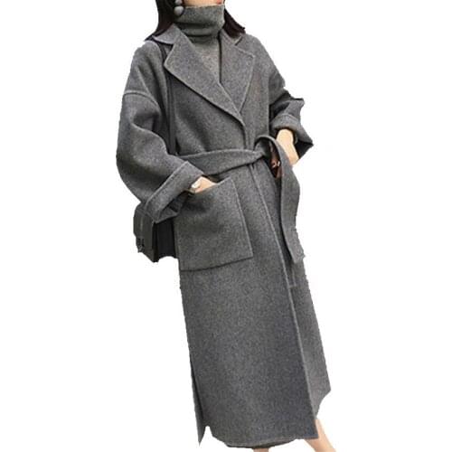 3XL!winter Women Woolen Coat Thicken Long Sleeve Medium-long Turn-down Collar Open Front Parka Belt Coat