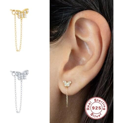 GS 925 Sterling Silver Shiny Crystal Butterfly Long Chain Tassel Stud Earrings For Women Girls Zircon Earring Fine Jewelry