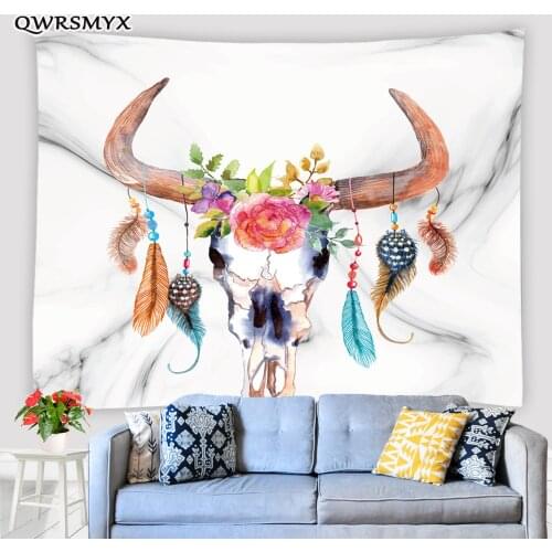 Bohemian Deer Head Feathers Tapestry Folk-Custom Wall Hanging Living Room Bedroom Dorm Decor Wall Aesthetics Art Tapestries