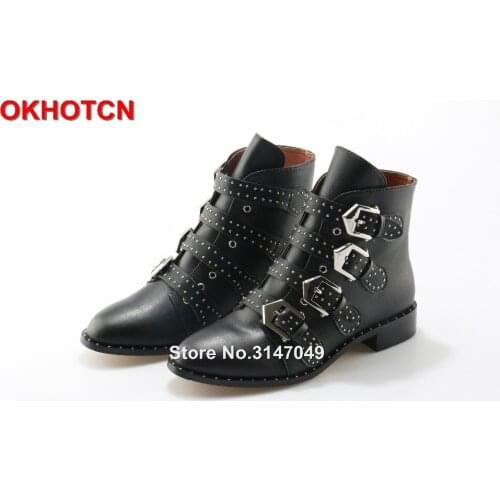 Black Leather Rivets Studded Ankle Boots Women Metal Buckle Strap Sexy Motorcycle Booties Flat Heel Women Dress Shoes Size 42