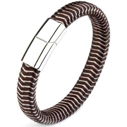Brown Genuine Leather Bracelet Stainless Steel White Stripes Magnetic Clasp Charm Simple Braided Accessories For Men