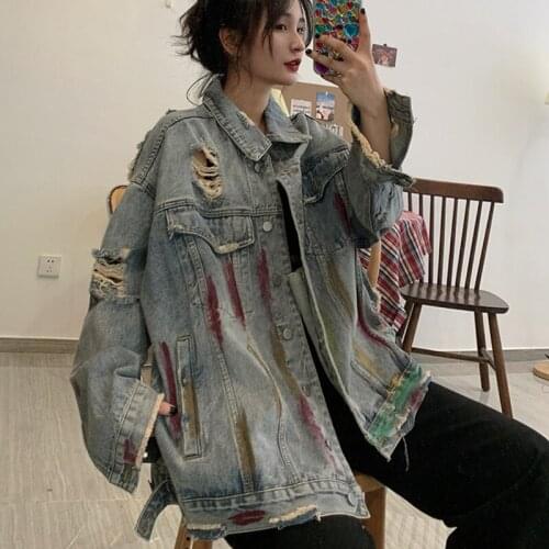Net Red Denim Jacket Womens 2021 Spring Autumn New Korean Style Fashion Graffiti Hole Loose Fried Street Retro Denim Coat Female