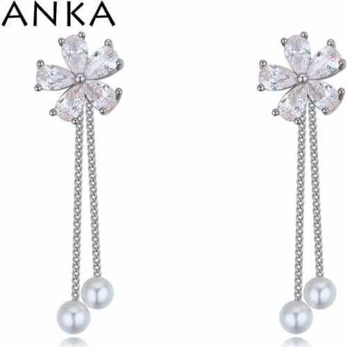 ANKA Long Chain Double Simulated Pearls Earrings Dropwater Cubic Zircon Earrings Gorgeous Elegant Dangle Fashion Jewelry #125639