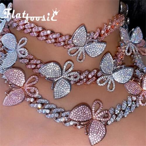 Flatfoosie Iced Out Cuban Chain Butterfly Choker Necklace for Women Hip Hop Bling Rhinestone Charm Necklace Party Jewelry Gift