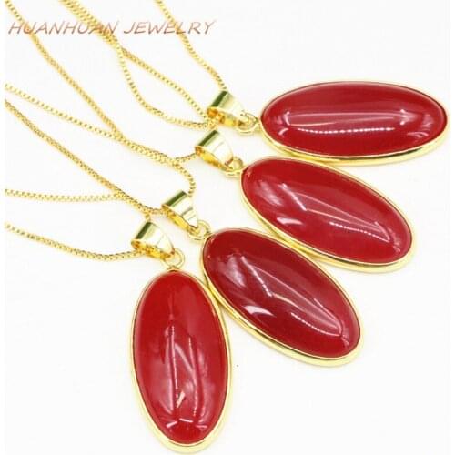 Fashion Statement Women Chain Necklaces & Pendant Natural Stone Jades 16x35mm Stainless Steel Oval Pendants Chain Jewelry B3347