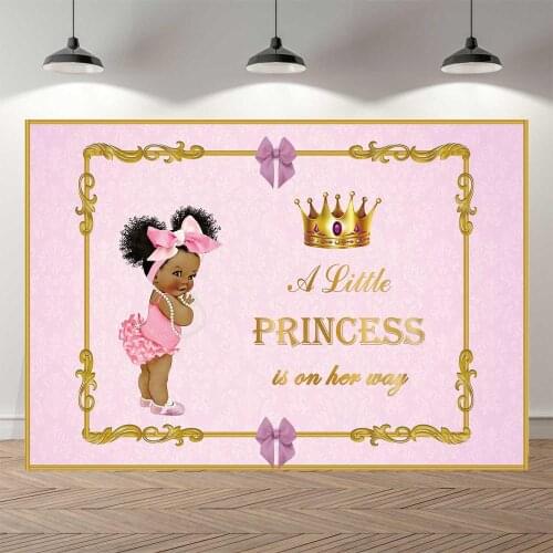 NeoBack Vinyl Pink Little Black Princess Golden Crown Luxury Children Photography Backgrounds Baby Shower Photo Backdrop Banner