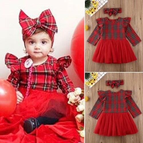 2020 New Fashion Toddler Baby Girl Christmas Clothes Plaid Long Sleeve Tutu Dress+Headband Set