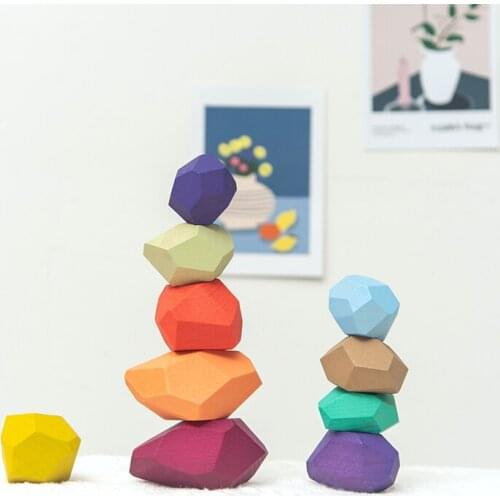 New Wooden Colored Beech Stone Stacking Rainbow Blocks Toy Montessori Balance Toys Nordic Style Irregular Shape Jenga Games Gift