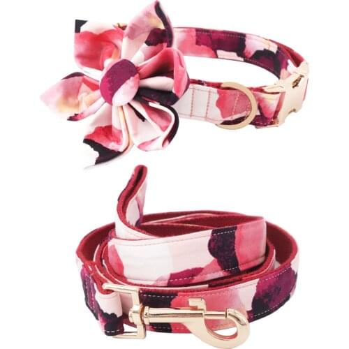 Girl dog collar dog flower and leash set for pet dog cat with rose gold metal buckle