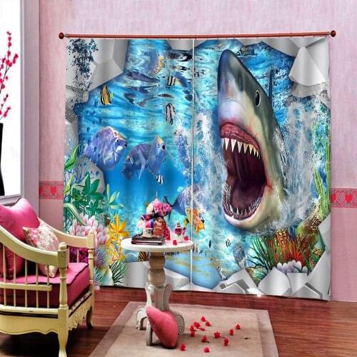 Custom Shark Modern Curtain with Blue sea coral fish world Polyester Fabric Window Drapes Home Decor 2 Panels With Hooks