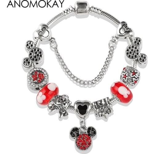 Dropshipping Classic Red Crystal Mickey Minnie Bead Bracelet Antique Silver Plated Castle Diy Charm Bracelet Xmas Jewelry Gift