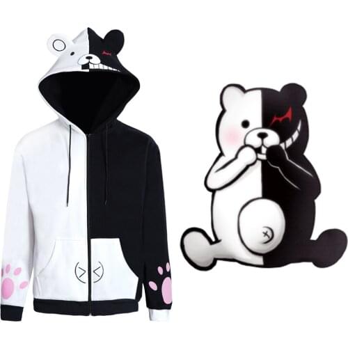 Danganronpa Dangan Ronpa Monokuma Cosplay Hoodie Black and White Bear Zipper Jacket Coat