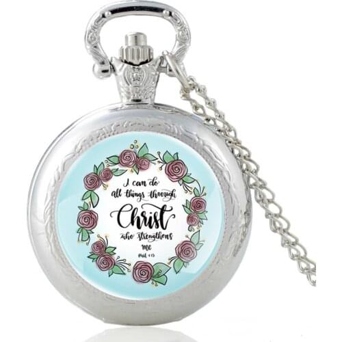 Bible Verse 'I can do all things through Christ who strengthens me Quartz Pocket Watch Men Women Pendant Necklace брелок