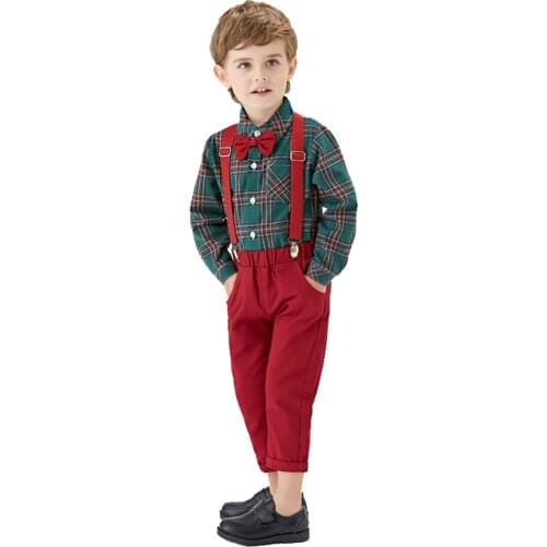 TELOTUNY kids clothes Toddler Baby Boys Gentleman Bow Tie Long Sleeve lapel Plaid Print Shirt Tops+Suspender Pants 2PCS Outfits