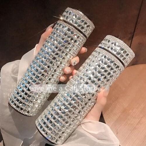 Shiny Crystal Diamond Intelligent Thermos Cup Portable Hot Water Bottle Temperature Display Vacuum Flask Mug Women Gifts 480ml