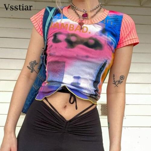 Vsstiar Tie Dye Summer Tees Shirt Fashion Print Streetwear Short Sleeve Sheath Tops New Y2K Casual Letter Women T-Shirts