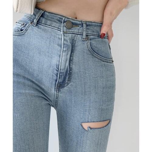 WOMENGAGA High Street Washed Ripped Jeans For Women Fashion Do Old Hole Rough Edges Elasticity Ankle-length Pencil Pants Mn5d