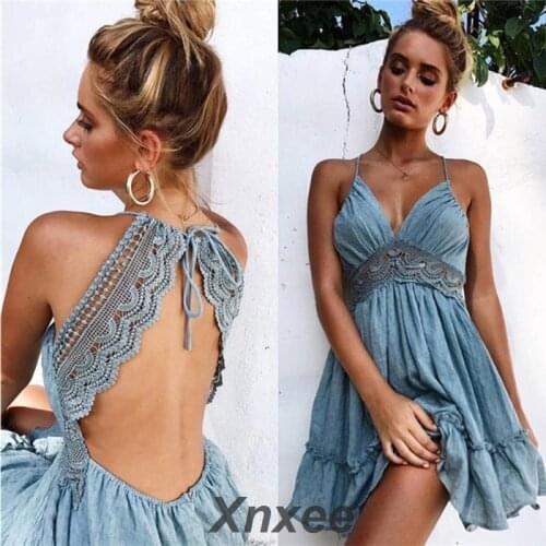 Women Summer Sundress Sexy Backless V-neck Beach Dress 2019 Sleeveless Spaghetti Strap Spaghetti Strap Boho Mini Dress Xnxee