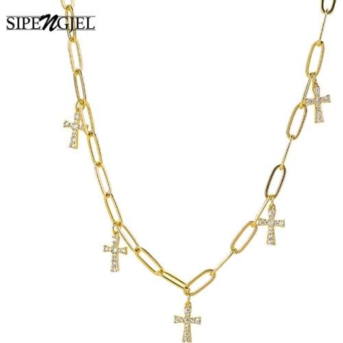 SIPENGJEL Fashion Clear Zircon Cross Pendant Necklace Hip Hop Geometric Link Chain Necklace For Women 2021 Trend Jewelry