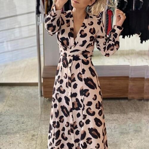 Spring Leopard Print Button Womens Dresses High Waist V-Neck Floor-length Female Dress 2021 New Fashion Casual Ladies Clothes