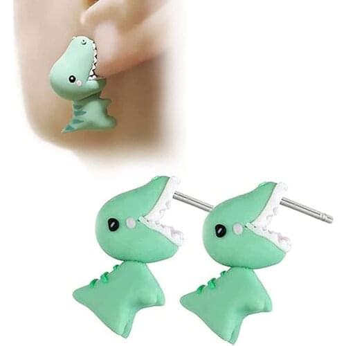 1 Pair Fashion Stud Earrings Soft Pottery Dinosaur Earrings Green Fine Jewelry For Women Child Girls Gift Cute Animal Earrings