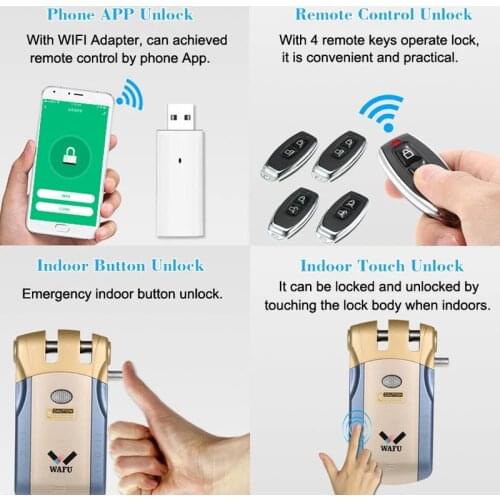 Wafu 010 Wireless Touch Screen Safety Smart Lock Remote Control BT Electronic Keyless Door Invisible Lock 433MHz Phone Control